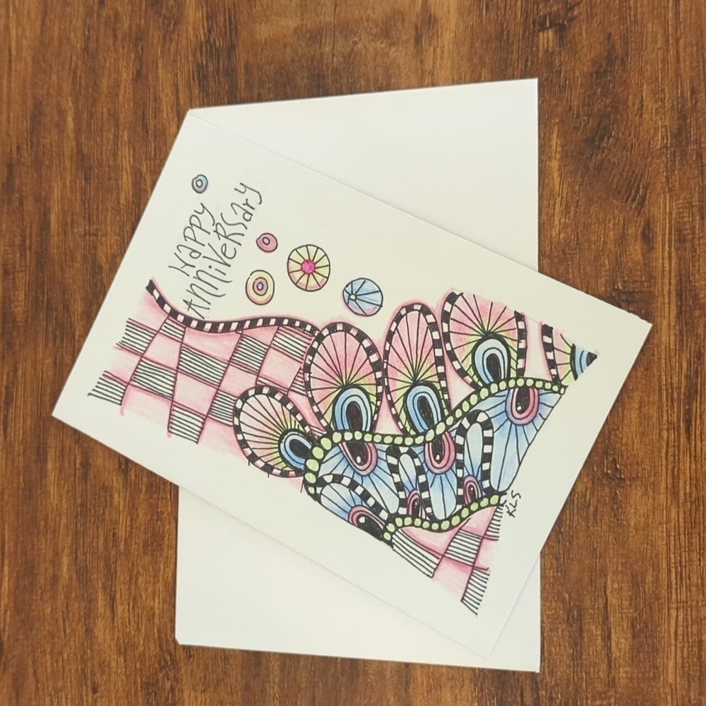 🌻 5/$20 Handmade Floral Zentangle Card- Pink, Blue & Black- Happy Anniversary
